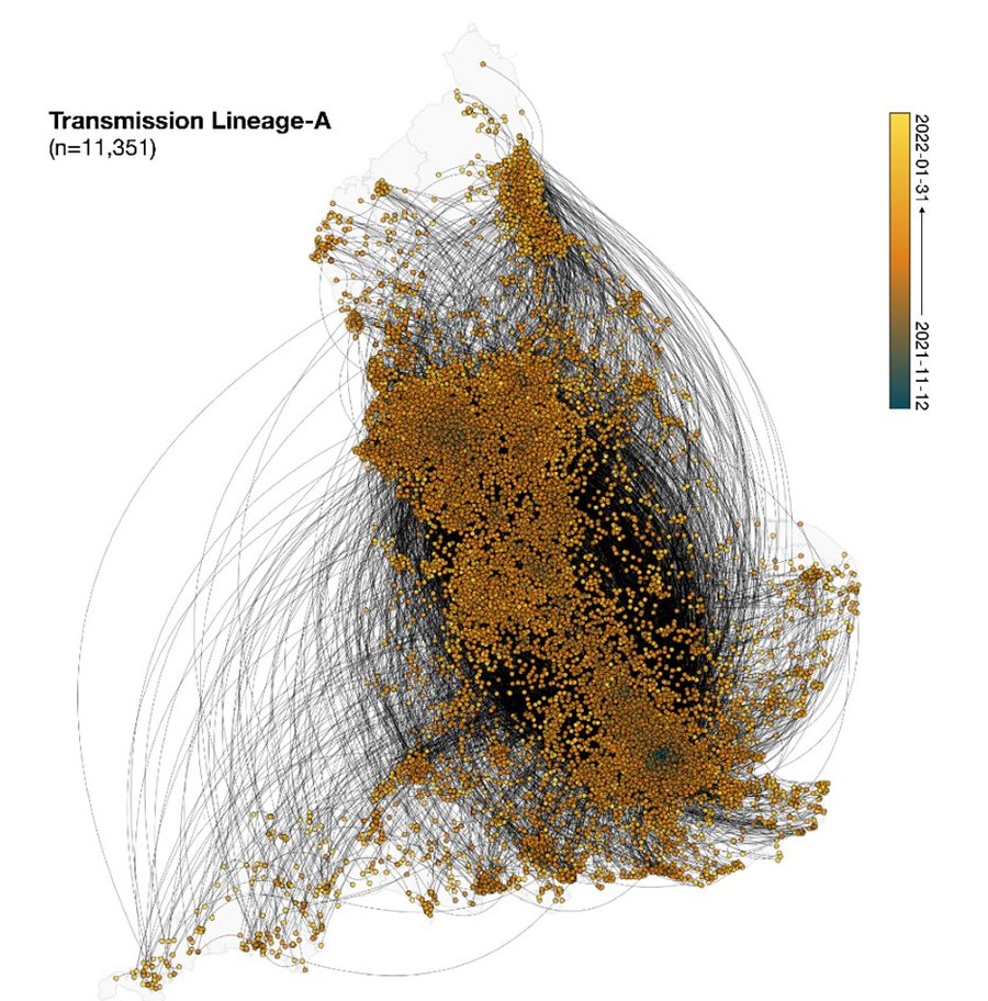 Map of England covered in thousands of orange points joined by curved lines, showing how the largest Omicron BA.1 transmission lineage spread across the country